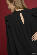 Umgee Babydoll Dress Black Linen Ruffle Shoulder Pleated 3/4 Sleeves c53e831e-529c-44cf-a107-f7e0f1f5fe8d-Max-Origin Trendsi
