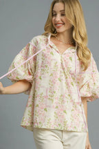 Umgee Blouse Floral Blush Pink Print Puff Short Sleeve Tie Neck Top Blush Pink c5422bfc-ccde-421c-91fa-d6e0bfaf173f-Max-Origin Trendsi