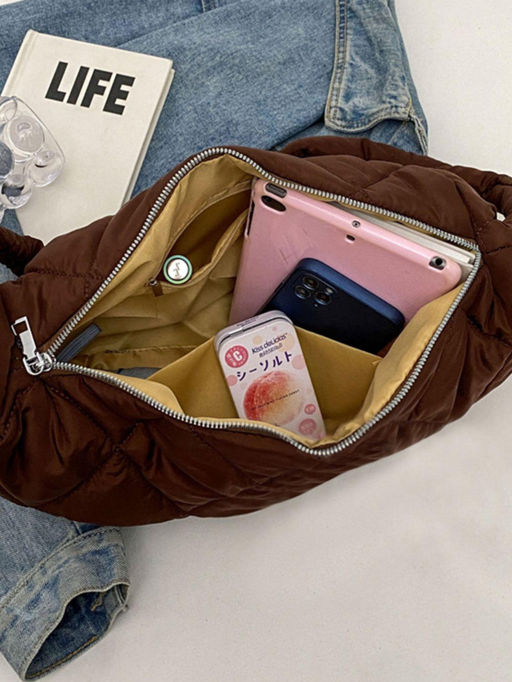 Quilted Polyester Large Crossbody Bag Zipper Hobo Handbags c5593f95-f7f5-46e0-a852-6586ece4c661-Max Trendsi