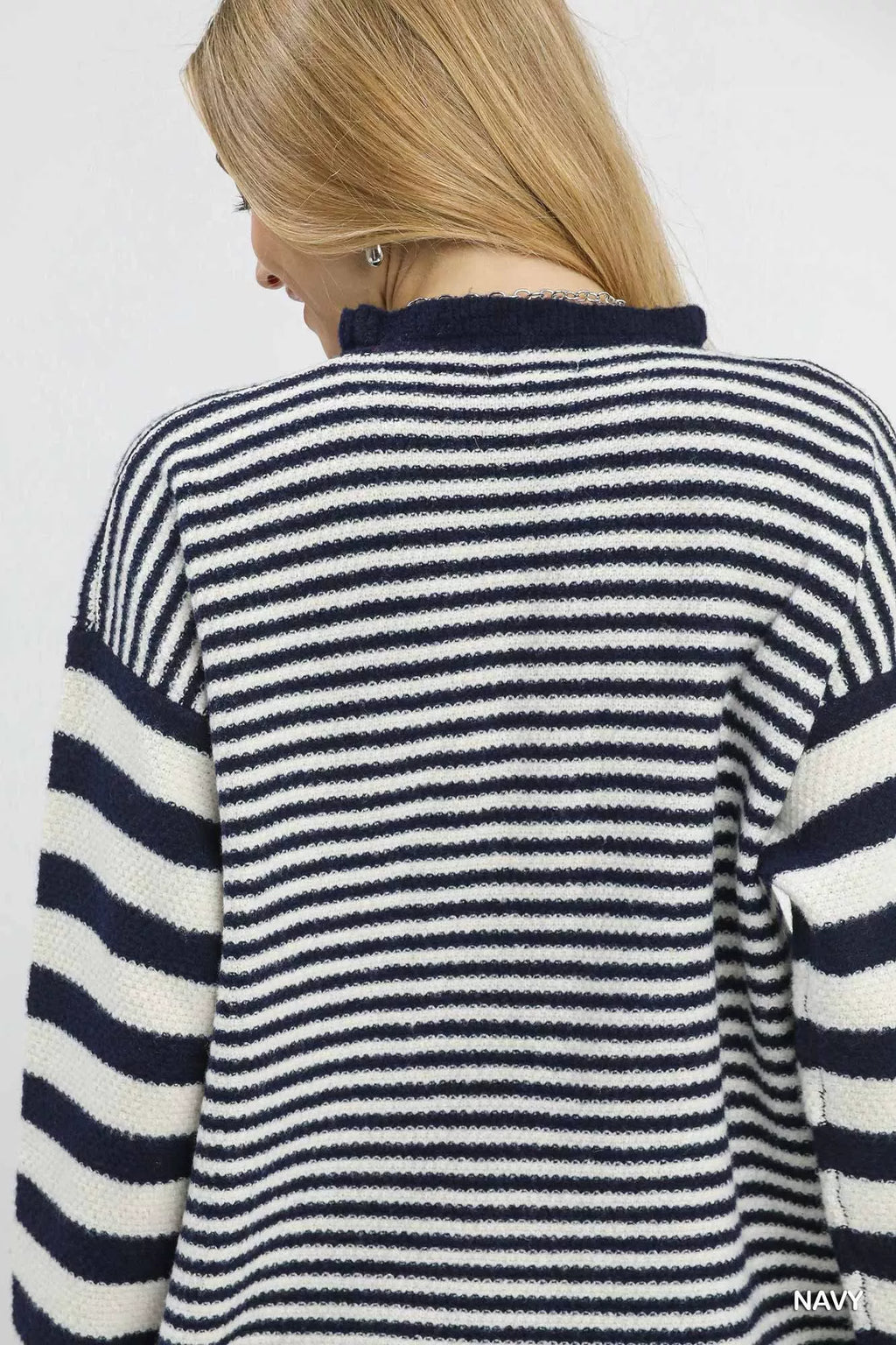 Umgee Womens Sweater Navy Striped Ruffle Neck Loose Pullover c5650dca-6c65-48ce-856e-2e54662f4b69-Max-Origin Trendsi