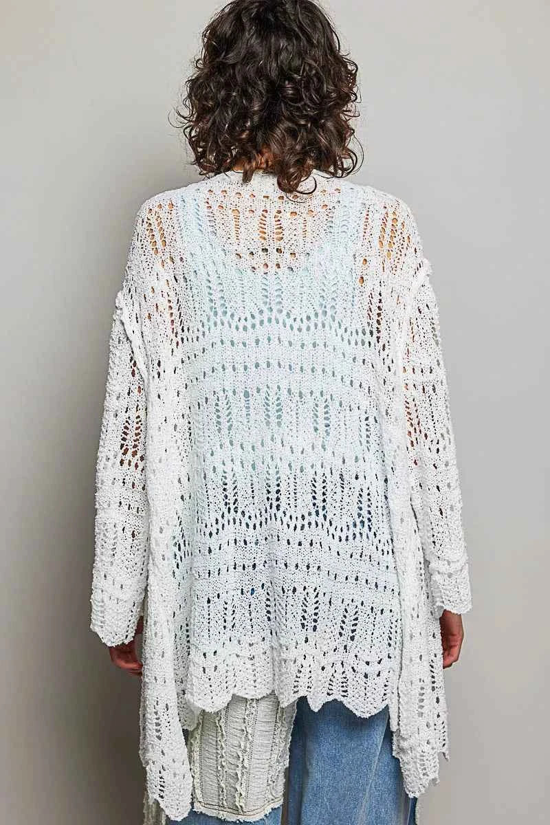 POL Openwork Lightweight Open Front Cardigan with Scalloped Edge