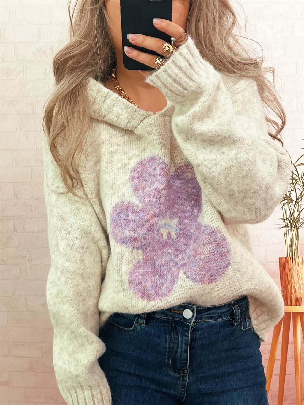 Women's Sweater Flower Long Sleeve Hooded Knit Pullover Apricot One Size c56f3b74c56749b89c56251ba51a4456-Max-Origin Trendsi