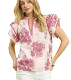 Umgee Mixed Floral Ruffle Sleeve Blouse