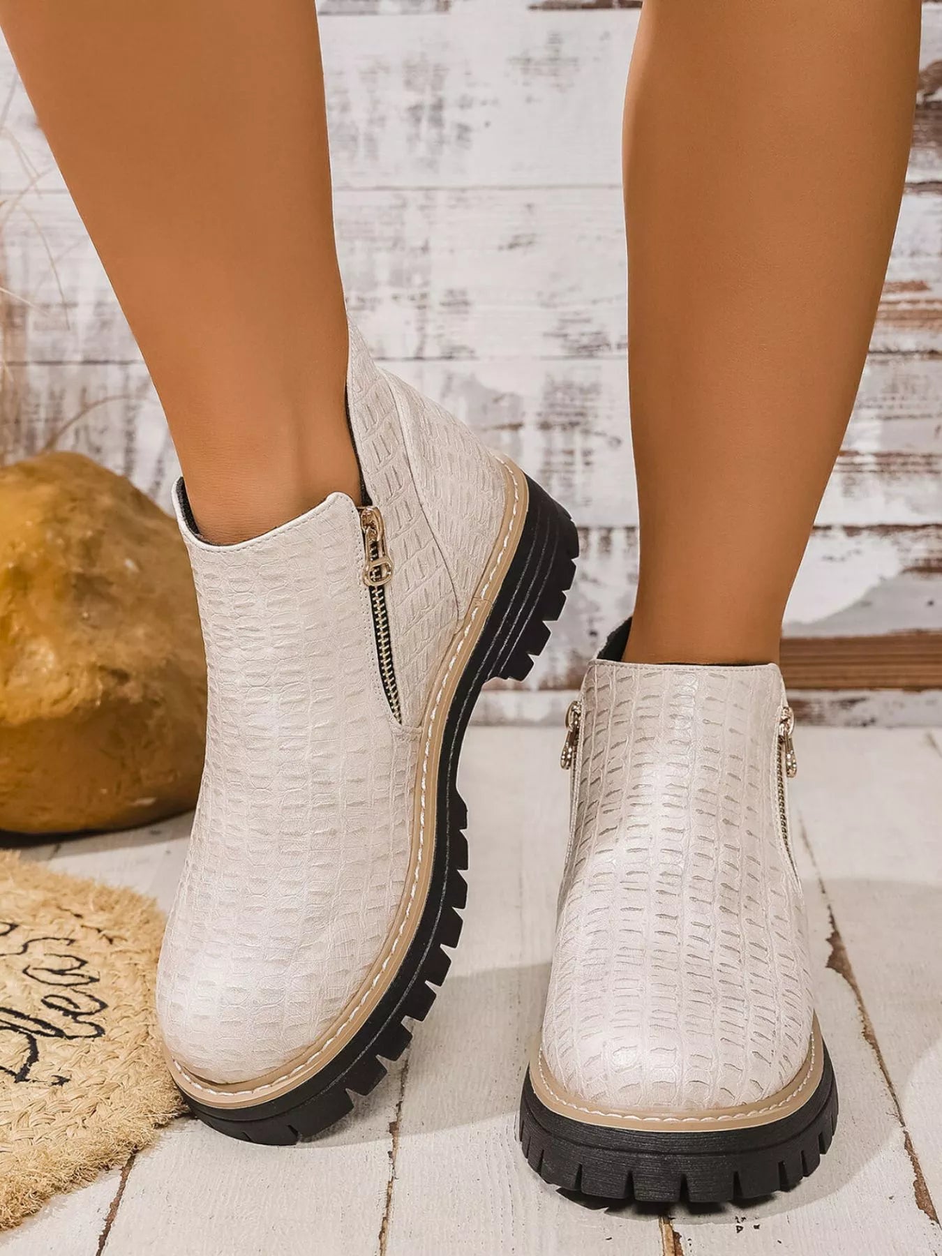 Women's Ankle Boots Pu Leather Textured Side Zip Round Toe Low Heels Shoes Ivory c577deed-03b2-4b0b-aa8a-f36ed8c56169-Max-Origin Trendsi