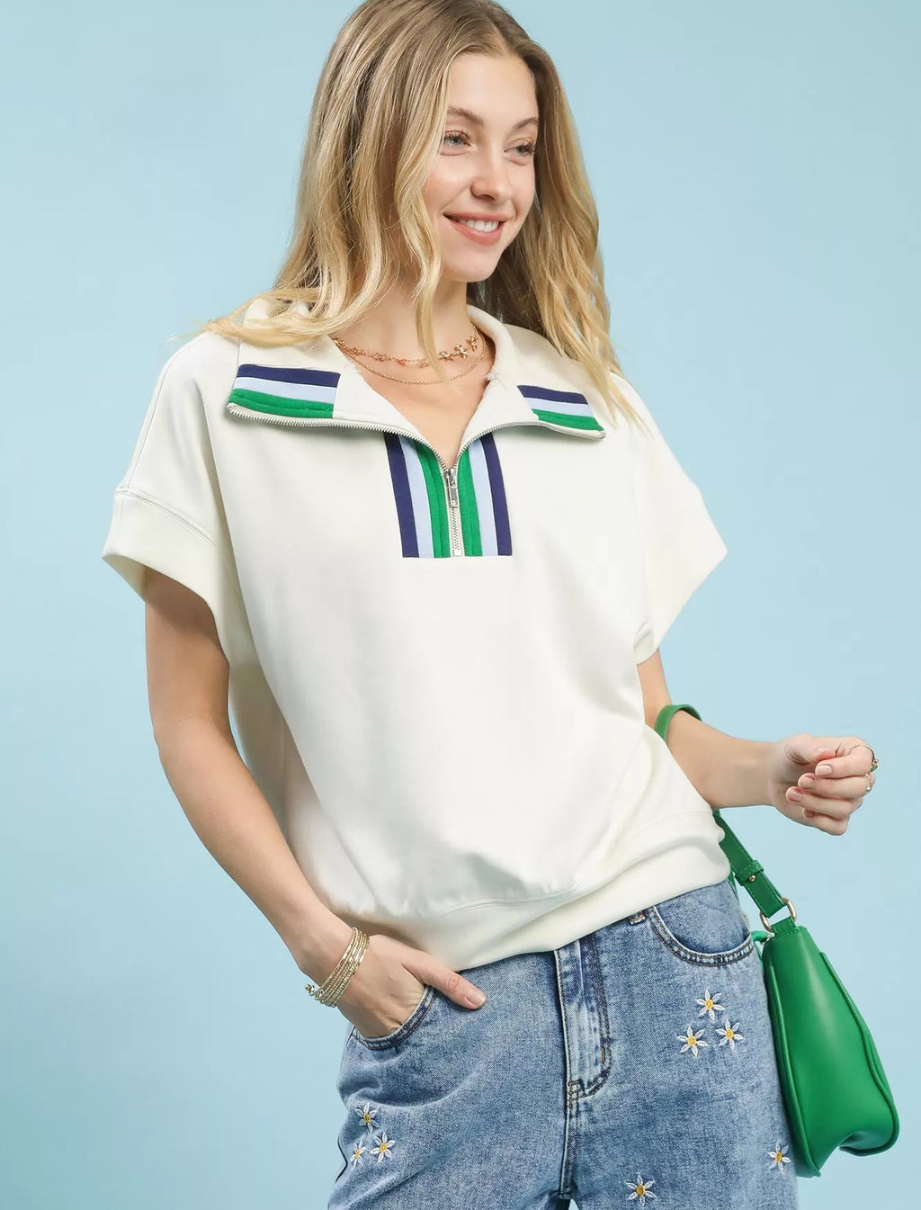 Umgee Blouse Cream Striped Collared Neck Half-Zip Top Short Sleeve CREAM c590e8a1-c3ea-4707-8793-ca02ca552136-Max-Origin Trendsi