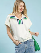 Umgee Blouse Cream Striped Collared Neck Half-Zip Top Short Sleeve CREAM c590e8a1-c3ea-4707-8793-ca02ca552136-Max-Origin Trendsi