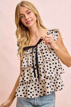BiBi Polka Dot Ruffled Bow Tied Square Neck Sleeveless Top