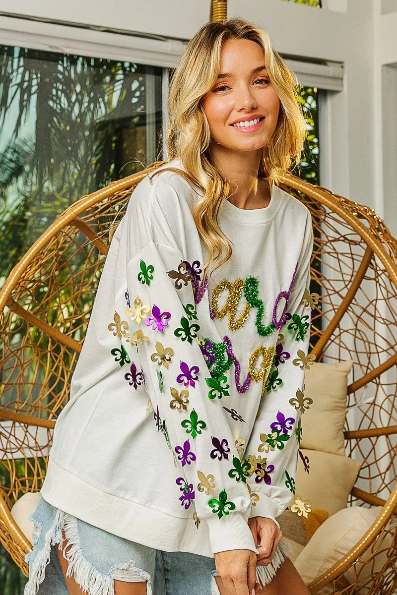 BiBi Womens Pullover Off White Fleur De Lis Sleeve Mardi Gras c596857afedb4717bd8e8a236728817f-Max-Origin Trendsi