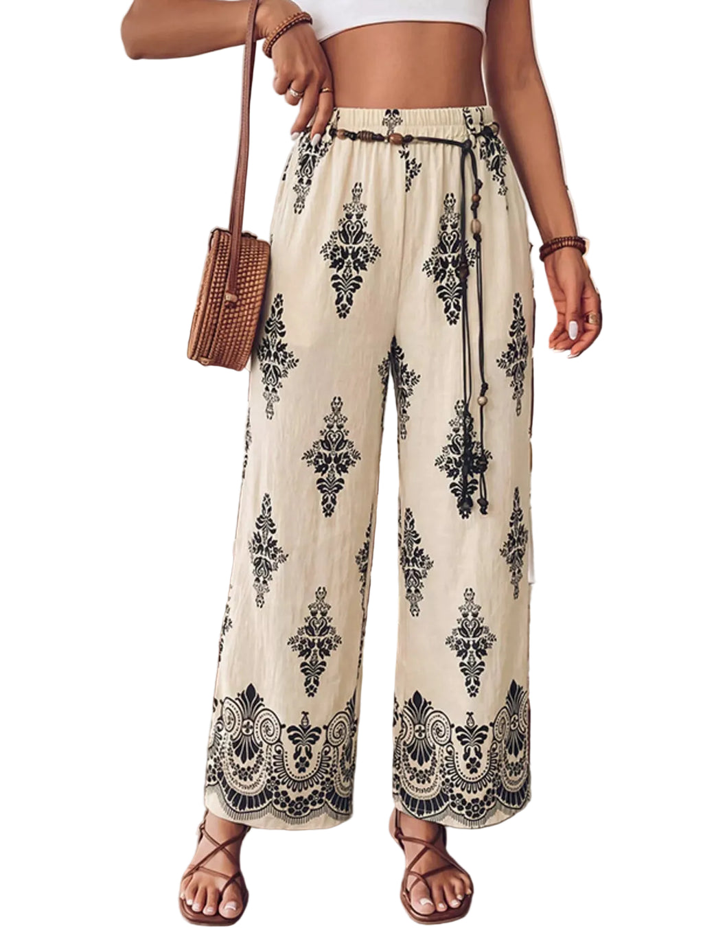 Bohemian Style Wide Leg Pants with Pockets, Made of 85% Viscose and 15% Polyamide