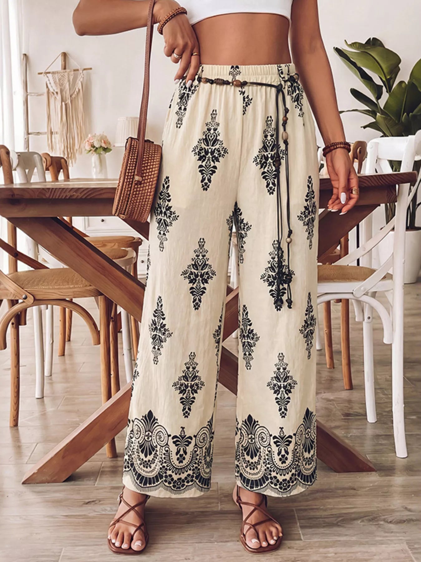 Bohemian Style Wide Leg Pants with Pockets, Made of 85% Viscose and 15% Polyamide