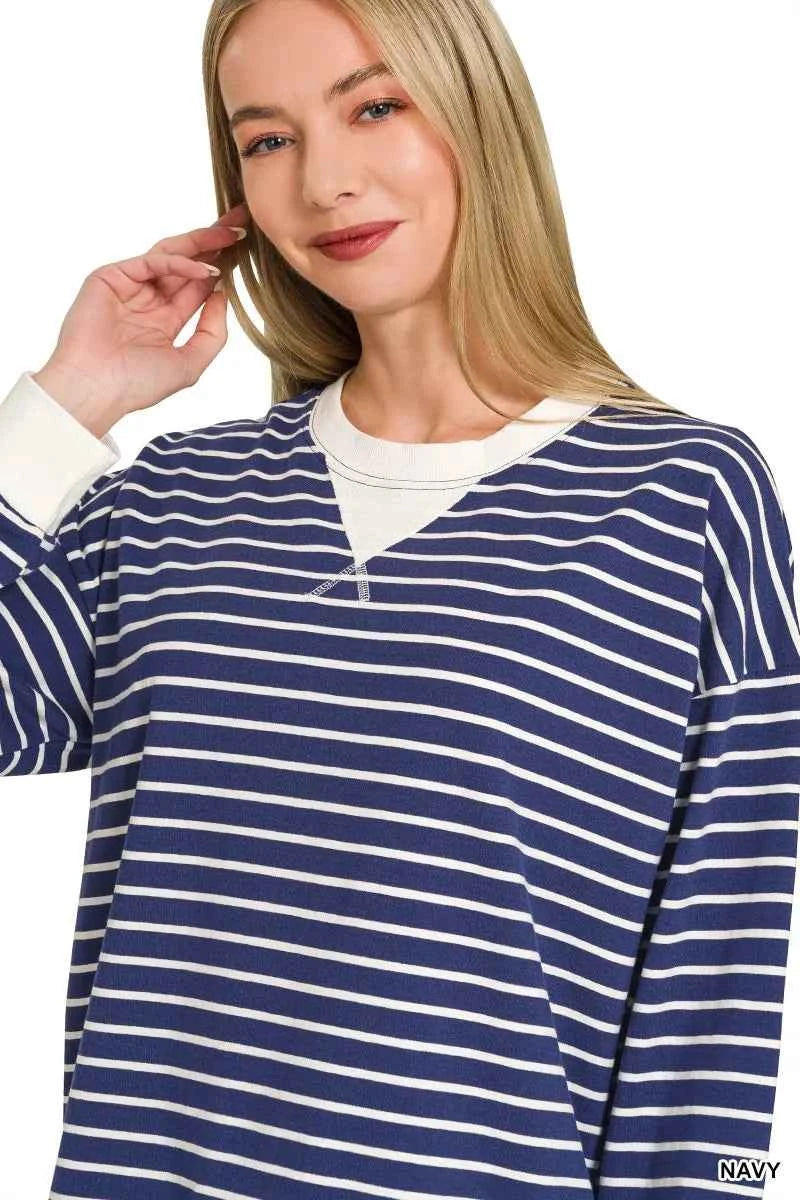 Zenana Contrast Striped Round Neck Sweatshirt
