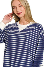 Zenana Contrast Striped Round Neck Sweatshirt