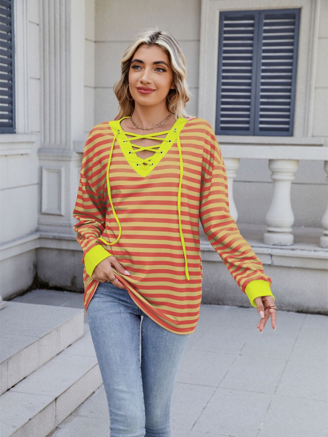 Striped T-Shirt Lace-Up Crisscross V Neck Long Sleeve Blouse Top c5a5c695-5a2c-483d-96ea-fc25c557be4e-Max Trendsi