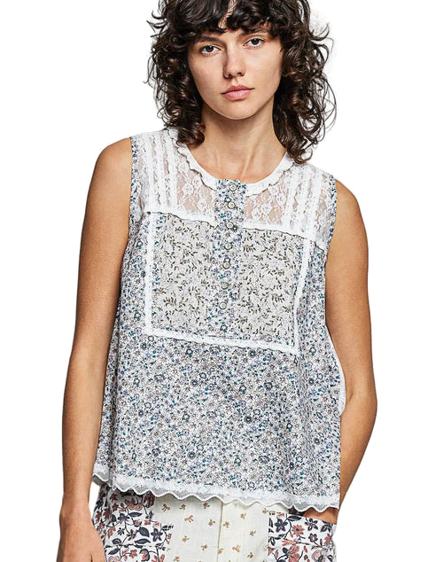 POL Printed Woven Lace Back Round Neck Sleeveless Top