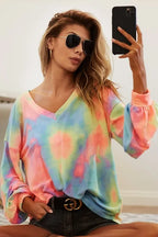 BiBi Tie Dye Womens Blouse Pastel French Terry V Neck Top Long Sleeve c5a8eb7dc9b54cf59b478ad61270e9d3-Max-Origin Trendsi