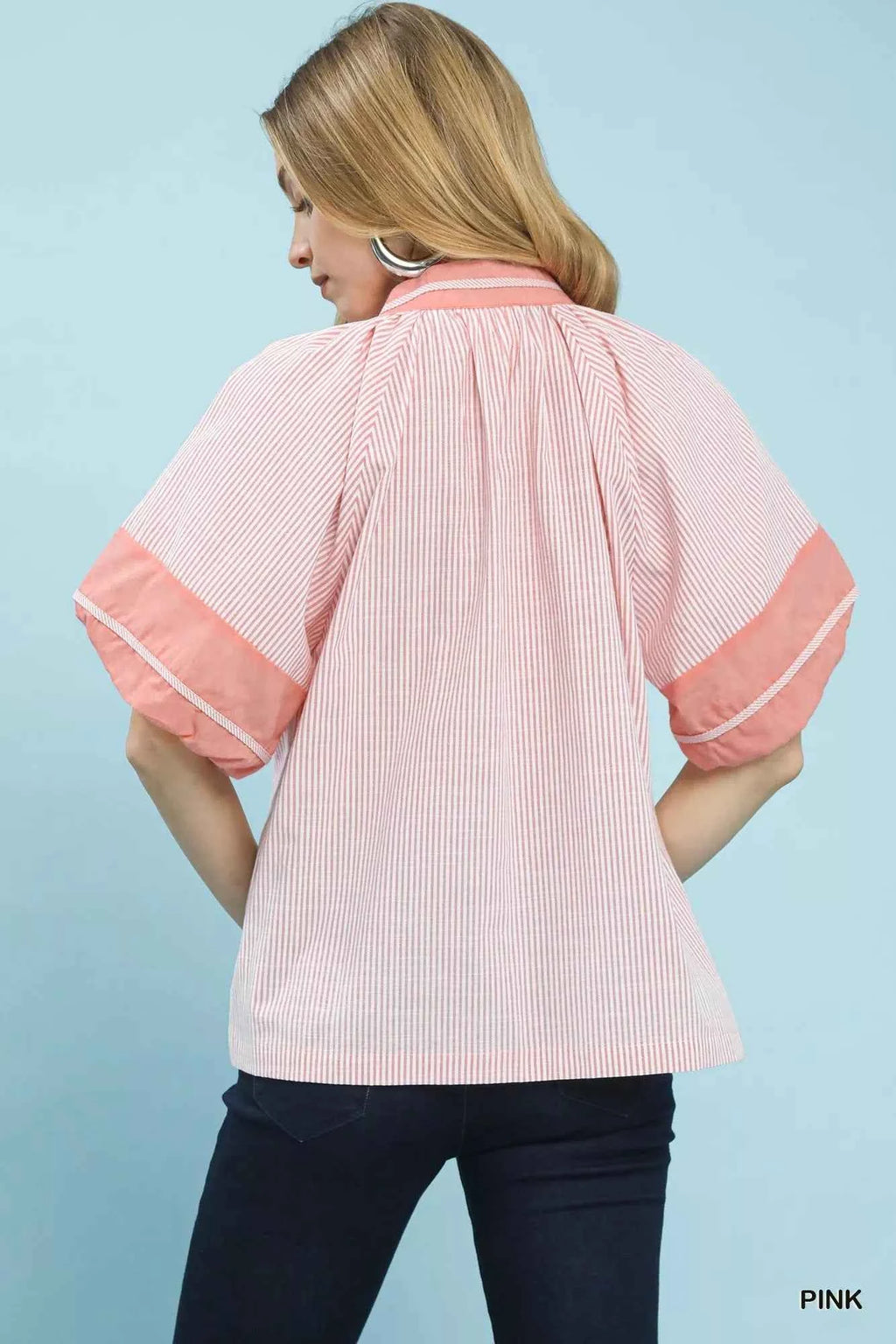 Umgee Blouse Pink Striped Mixed Puff Short Sleeve Top c5b1a453-e9e4-46d3-99b1-5442fdedc93c-Max-Origin Trendsi