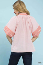 Umgee Blouse Pink Striped Mixed Puff Short Sleeve Top c5b1a453-e9e4-46d3-99b1-5442fdedc93c-Max-Origin Trendsi