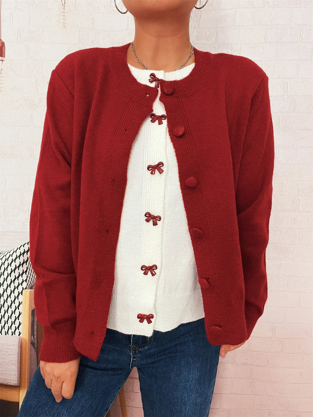 Women's Cardigan Button-Up Long Sleeve Embroidered Knit Red One Size c5b8b6f502cf4cd8b018fd424d9148c9-Max-Origin Trendsi