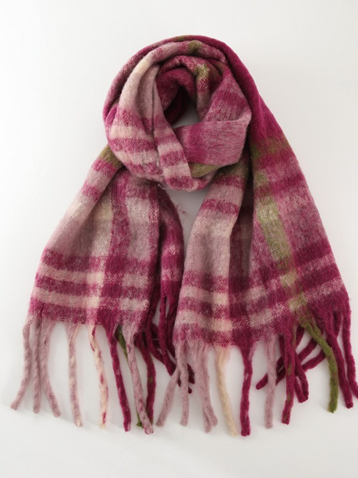 Women Scarf Fringe Plaid Polyester Tasseled Warm Long Fashion Accessories Cerise One Size c5bd75d5-bdd0-4707-af31-72c1321ab67f-Max Trendsi