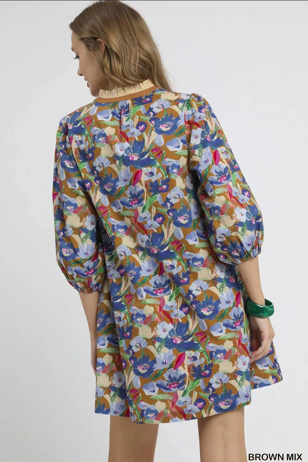 Umgee Mini Dress Boho Brown Floral Mix Print Balloon 3/4 Sleeve c5c0f337-ae43-4801-99b2-6c0ec64c9c62-Max-Origin Trendsi