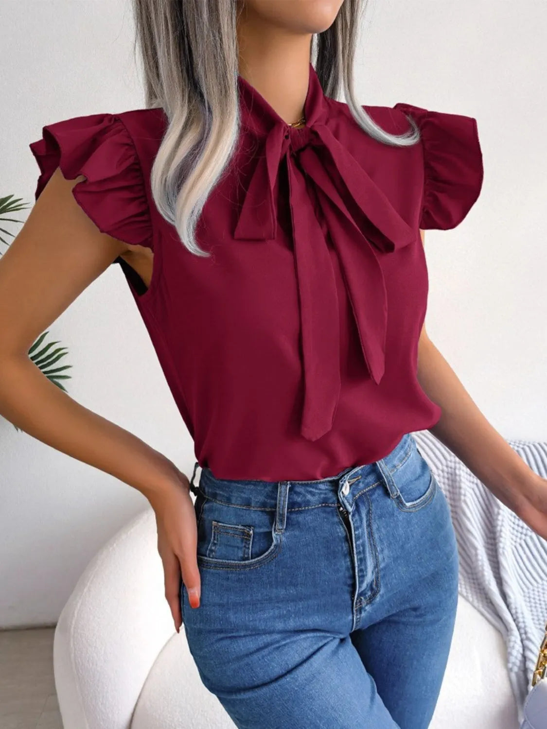 Women's Blouse Bow Tie Neck Ruffle Cap Short Sleeve Top Burgundy c5cba918-e7de-41a9-b931-a0c06f995ef7-Max-Origin Trendsi