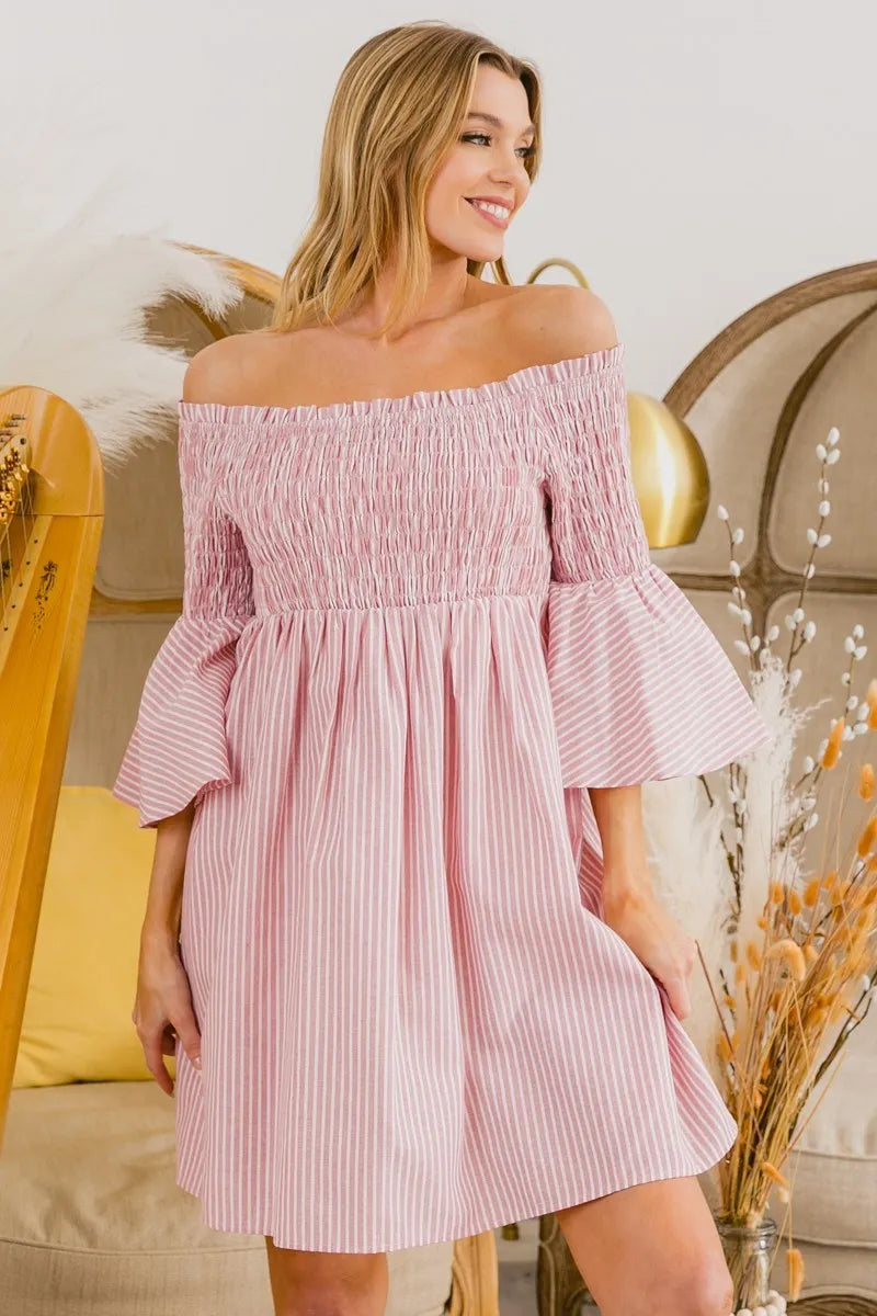 BiBi Striped Dress Blush Pink Smocked Off Shoulder Ruffled c5cbc135691e421290c503b95a433ae5-Max-Origin Trendsi