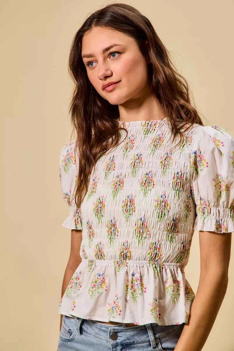 SO ME Floral Cotton Smocked Short Sleeves Blouse