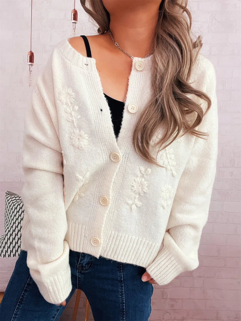 Women's Cardigan Flower Embroidered Button Up Ribbed Hem Round Neck c5d624ec49c64843b0e83fa33077af19-Max-Origin Trendsi