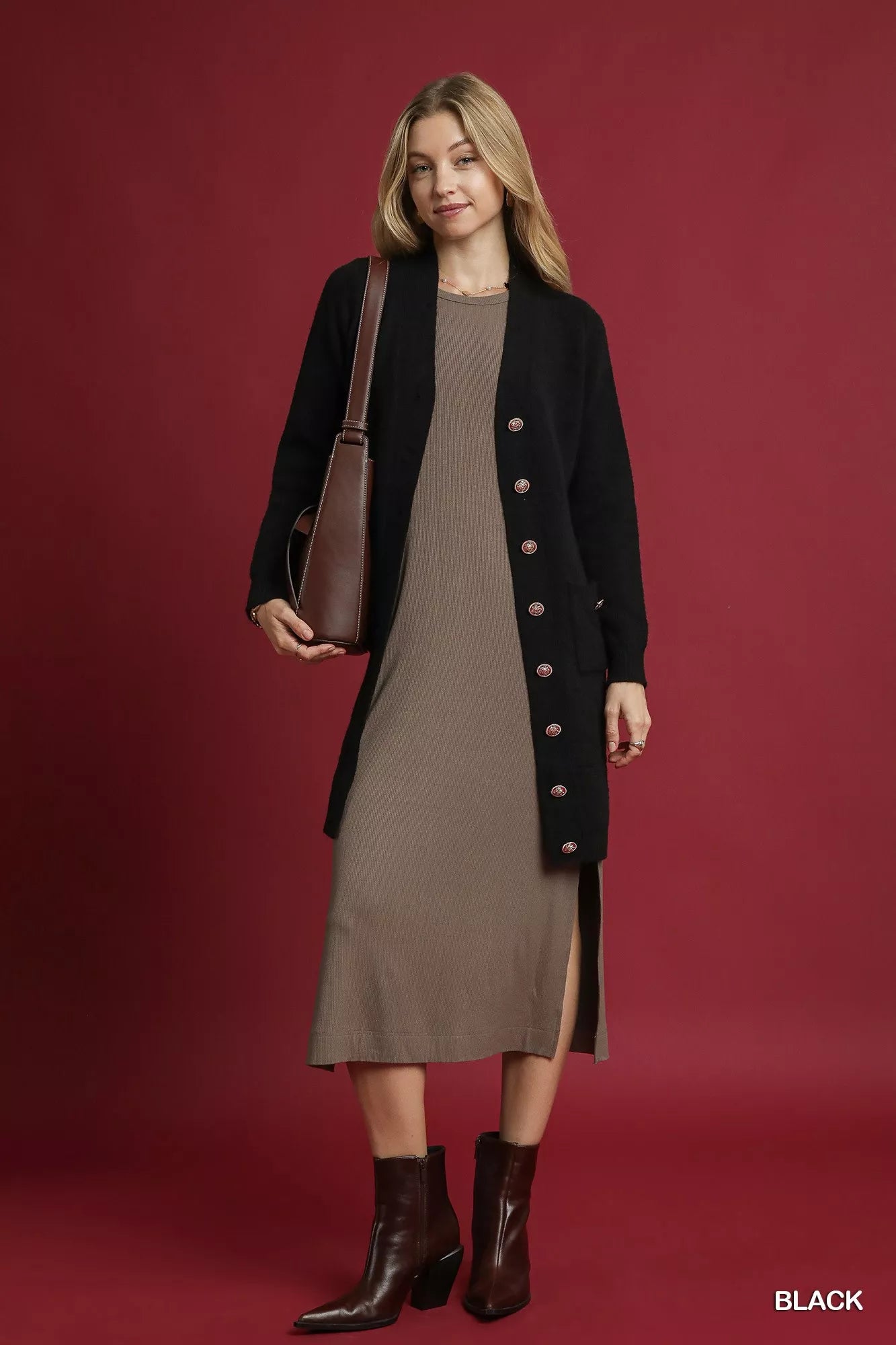 Umgee Sweater Cardigan Black Button Longline with Front Pockets c5d962b6-3ec3-473e-a97d-cefa389e233e-Max-Origin Trendsi