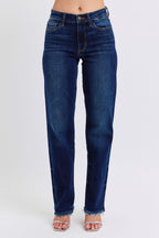 Judy Blue Women Jeans Raw Hem Straight Leg Blue Denim Basic Pants Dark c5da6650-f324-4e6f-abf2-8c2fb99128fb-Max Trendsi