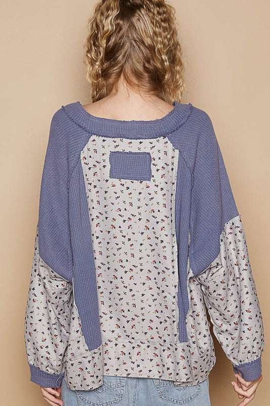 POL Waffle Knit Women Top Dusty Blue Floral Cotton Blend Long Sleeve Oversized