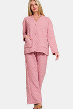 Zenana Quilted Lounge Set Button Up Long Sleeve Top and Pants Cotton Blend Dusty Pink c5de48ca-6923-4d74-8172-54fd85e372a0-Max Trendsi