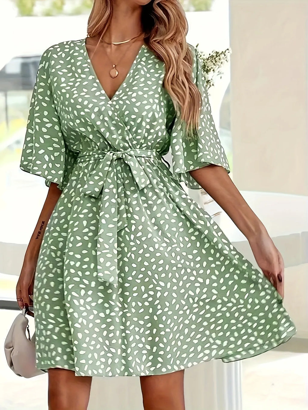 Mini Dress Printed Surplice Tie Waist Dress Belted V Neck Short Sleeve Green c5e3a24338ef4d079cd72573225c4386-Max-Origin Trendsi