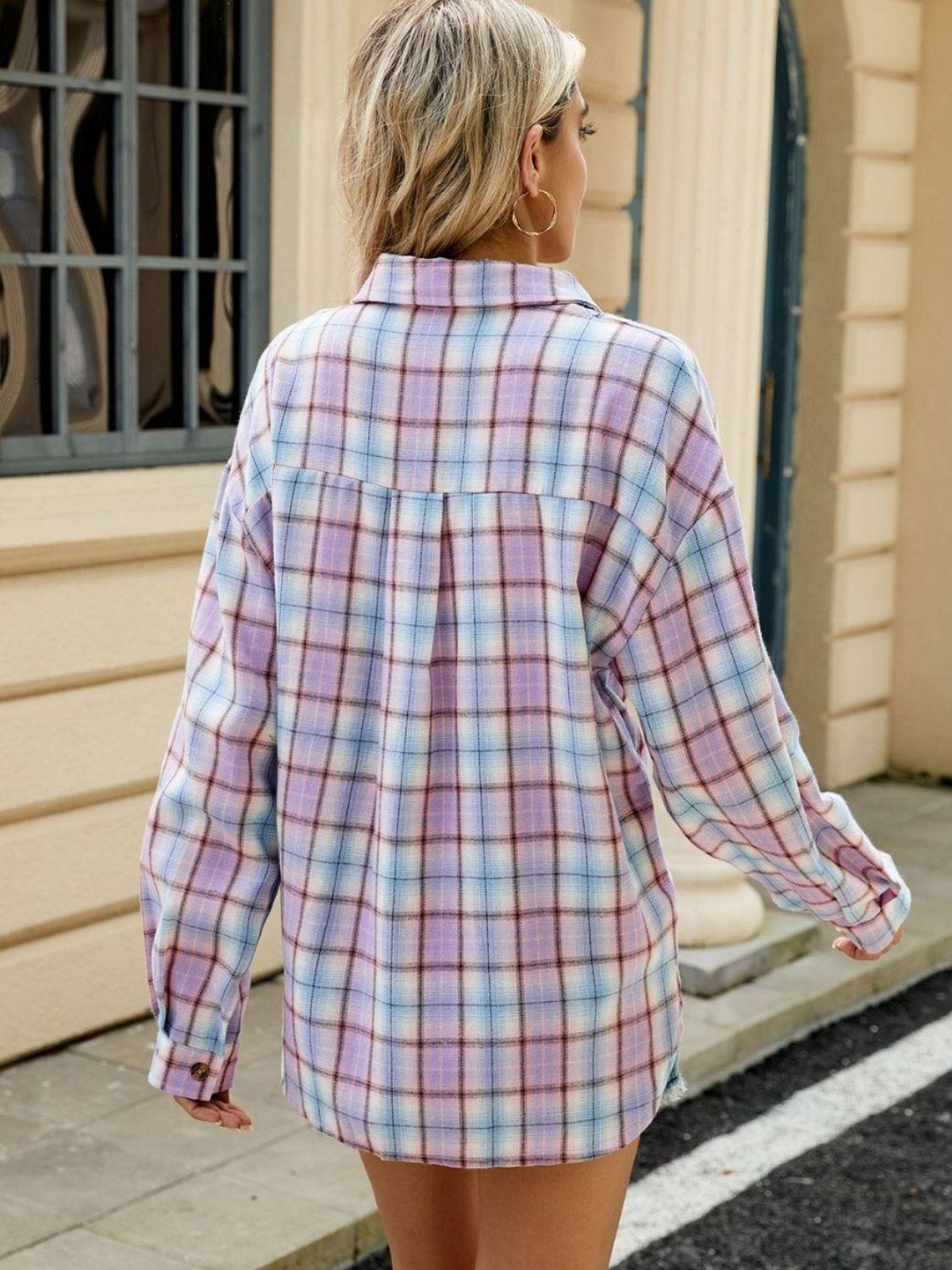 Plaid Shirt Collared Neck Long Sleeve Patch Pockets c5fe3b4a-efbc-4e4e-b7f0-ea1f067ee336-Max_66c4672a-6f9a-458d-9a1a-8ad22063fdf0 Trendsi
