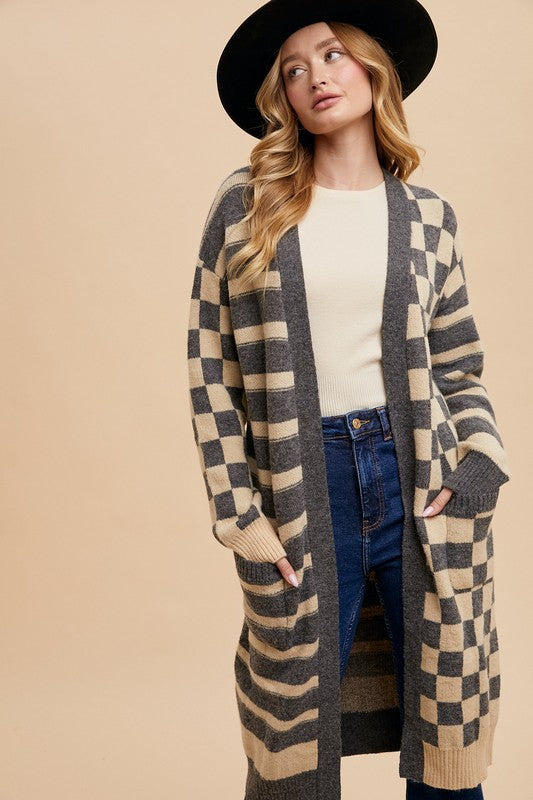Women's Cardigan Annie Wear Dark Gray Checkered & Striped Open Long Sleeve c6062b8f-019f-40fb-ae94-37b10b555804-Max Trendsi