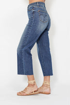 Judy Blue Crop Wide Jeans High Waist Back Pocket Embroidery Dark Wash Denim c60acf48-207a-4769-a0dc-291329dae486-Max-Origin Trendsi