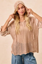 BiBi Hooded Knit Top Taupe Jacquard Flower Puff 3/4 Sleeve Button Tied c60c0284-f09c-424a-b082-0a0f1825c69e-Max-Origin Trendsi