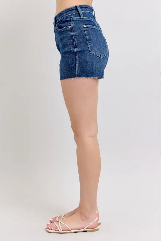 Judy Blue Denim Shorts High Waist Criss-Cross Waistband Dark Blue c60d45b517bb4f3dbc4d815a692d13cc-Max-Origin Trendsi