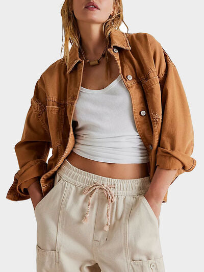 Denim Jacket Women's Caramel Long Sleeve Oversized Pocketed Outwear Caramel