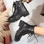 Women's Boots Black Pu Leather Round Toe Block Mid Heels Shoes c6135e4a2c684bf795ff4d8ec3f6e5a3-Max-Origin Trendsi