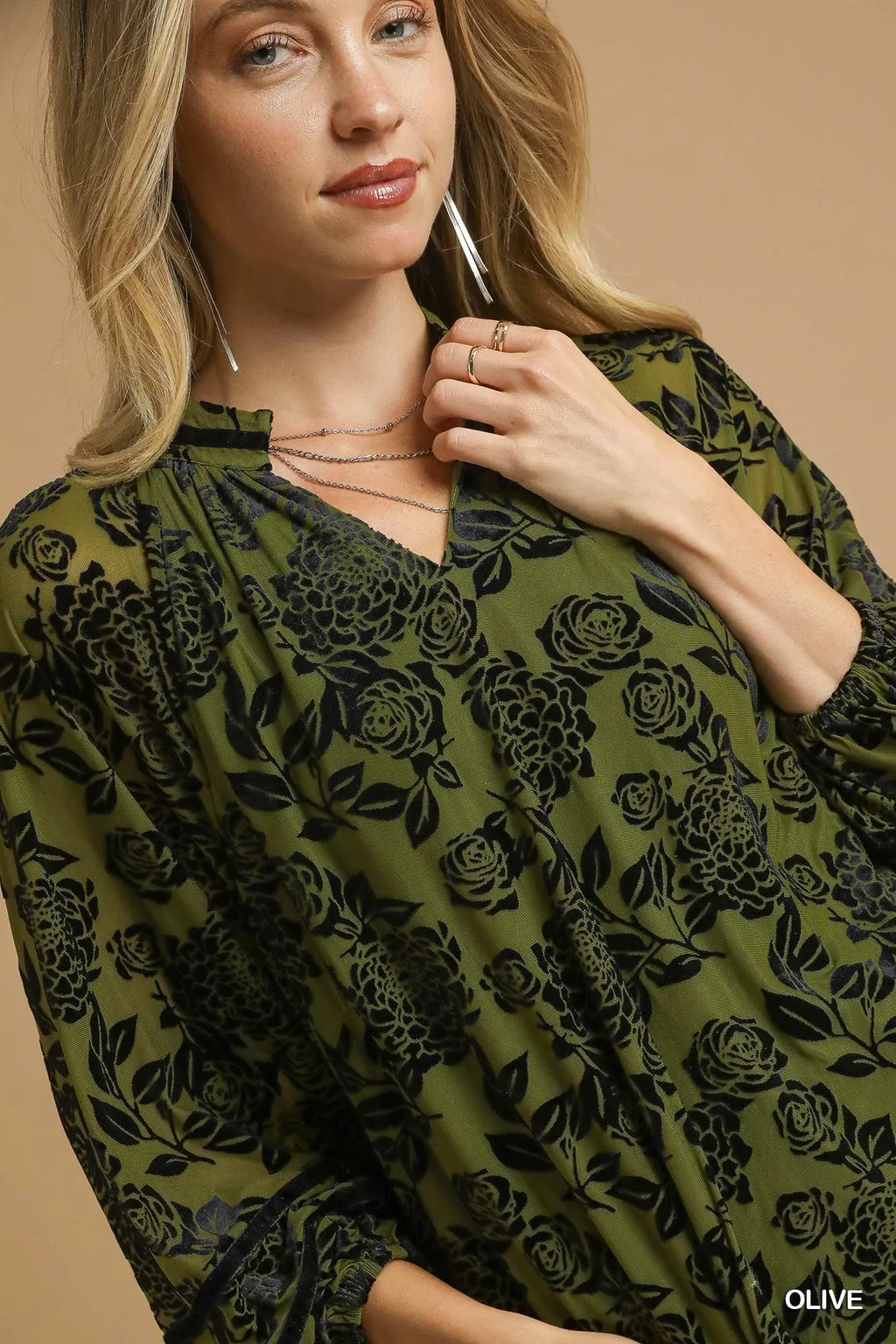 Umgee Velvet Blouse Olive Floral with Balloon Long Sleeves Top c614a8e2-79f0-418d-ae7f-a55386c2ac0e-Max-Origin Trendsi