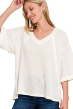 Zenana T-shirt Waffle Brushed Exposed-seam 3/4 Sleeve Off White Top c61994e9-0af3-4069-8d0c-232030f7ae3c-Max-Origin Trendsi