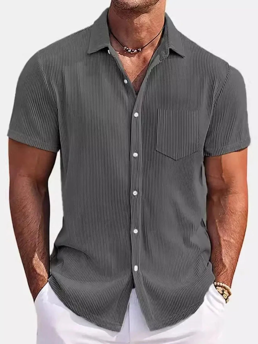 Men's Corduroy Shirt Textured Buttoned Short Sleeve Ribbed Oversized Top S-4XL Grey c62532c7-664f-491a-8f18-79462d11e5af-Max-Origin Trendsi