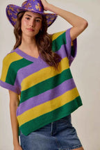 SO ME Women Sweater Purple Mix Mardi Gras Loose Fit V Neck Stripe Top c626dd8736b94e589c642d0031ff981f-Max-Origin Trendsi