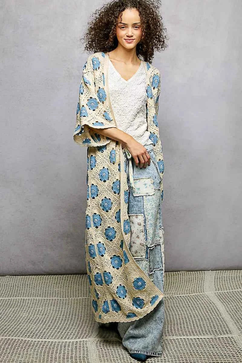 POL Crochet Longline Cardigan Sky Blue Floral Open Front c631b6fc-817b-4d59-b521-d21c74d71c5e-Max-Origin Trendsi