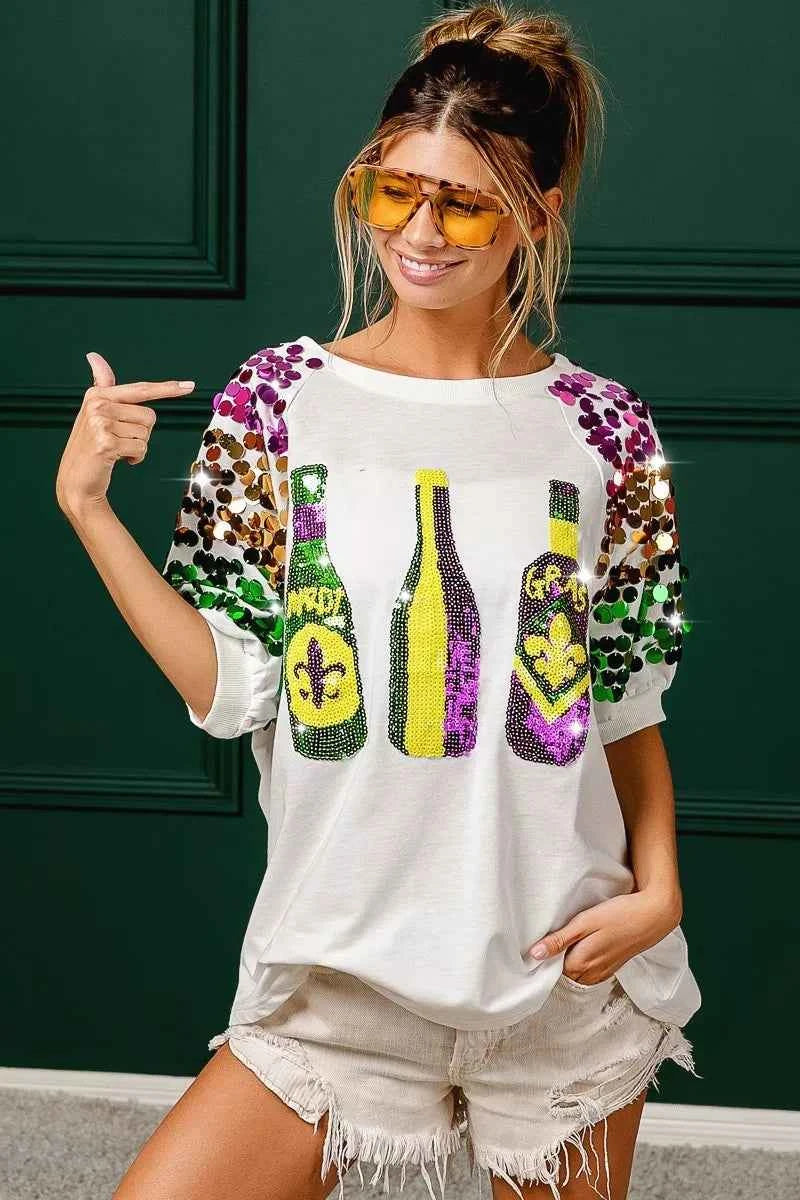BiBi Sequin Mardi Gras Bottles Spangled Sleeve Top