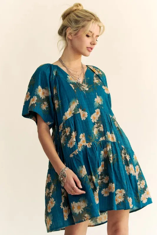 Davi & Dani Mini Dress Floral Print Teal Blue Short Bell Sleeve Pleated Pocketed c644009f3c654695a2c436366ec9093d-Max-Origin Trendsi