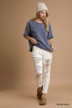 Umgee Womens T-shirt Denim Blue Mineral Wash Round Neck Top Short Sleeve c6456412-1826-400f-9c4f-ab0ea78202fc-Max-Origin Trendsi