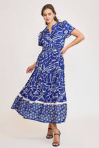 Umgee Midi Dress Royal Blue Printed Notched Short Sleeve Tiered Royal Blue c64d743f-6a3a-4e6b-8206-70642a6f8a70-Max Trendsi