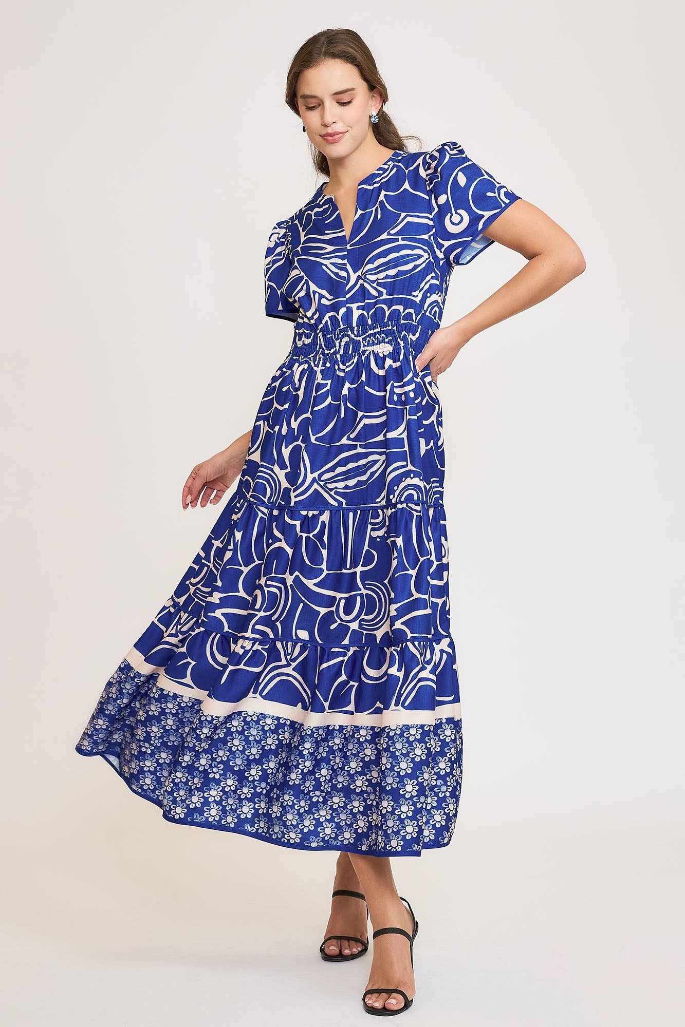 Umgee Midi Dress Royal Blue Printed Notched Short Sleeve Tiered Royal Blue c64d743f-6a3a-4e6b-8206-70642a6f8a70-Max Trendsi